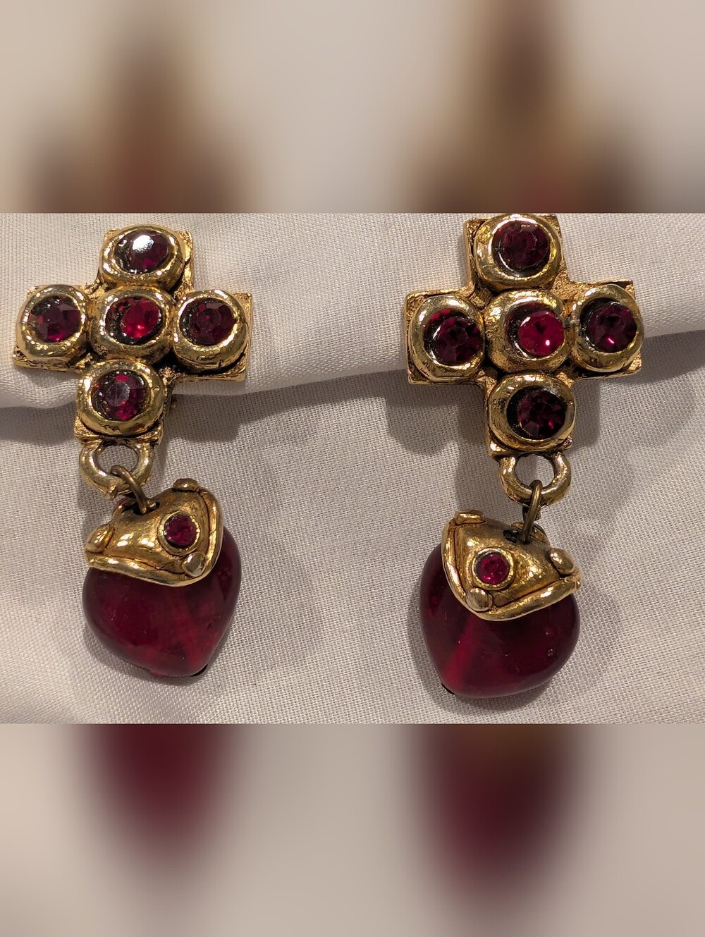Jacky De G Clip On Gold-Tone Drop Earrings with Deep Garnet Red Accents
